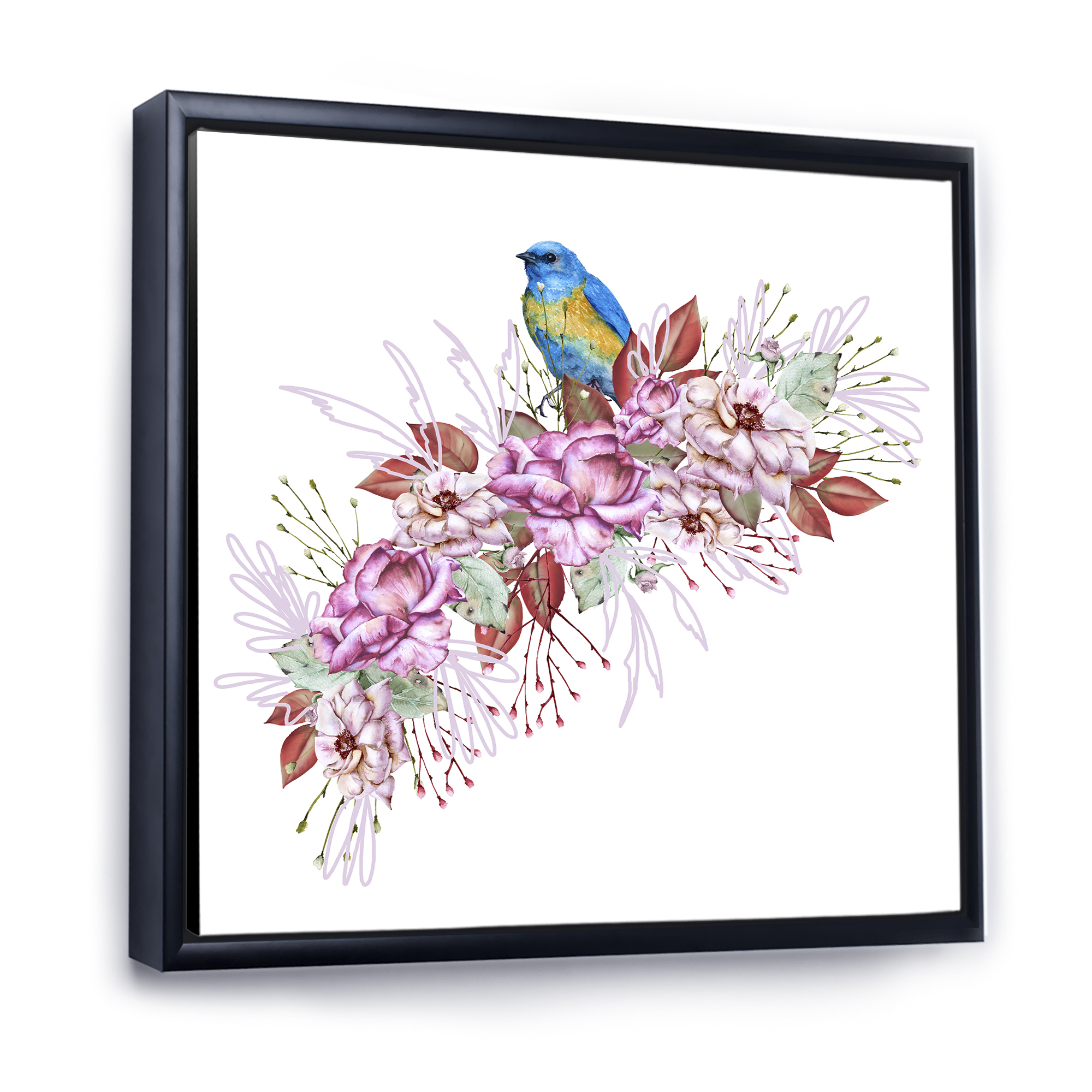 Designart 'Little Blue Bird Sitting On Colorful Boquet of Flowers' Traditional Framed Canvas Wall Art Print