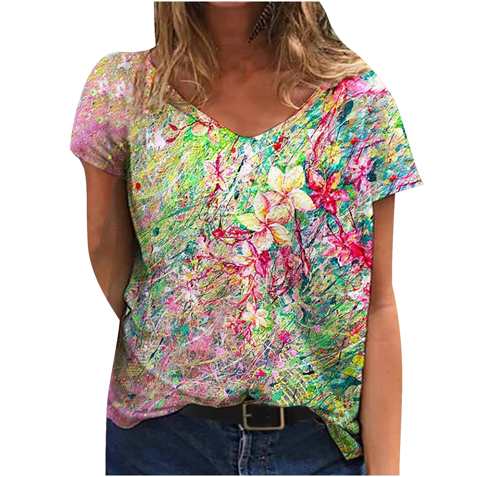 Womens Short Sleeve Shirts Cute Printed V-Neck Tshirts Blouse Summer Casual Tops Loose Fit Graphic Tees 