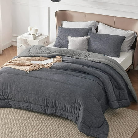Bedsure Dark Grey Queen Comforter Set - Warm & Cooling Bed Set with Comforter, 3 Pieces All Season Reversible Dual Side Warm Queen Comforter with 2 Pillow Shams