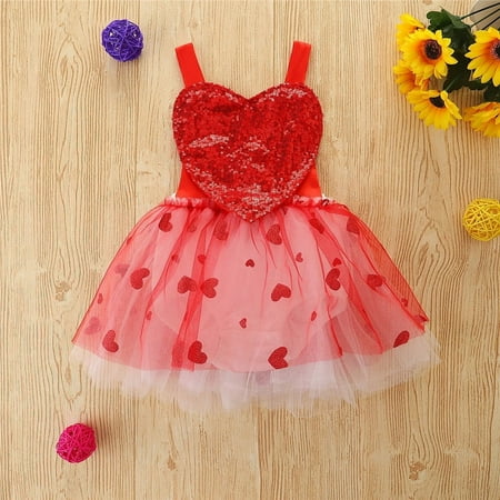 

Geire Girls Sweet Dress Love Element Sleeveless Suspenders Backless Dress Waist Patchwork Mesh Pomp Princess Dress with Sequins Valentine s Day Dress for 0-24 Months