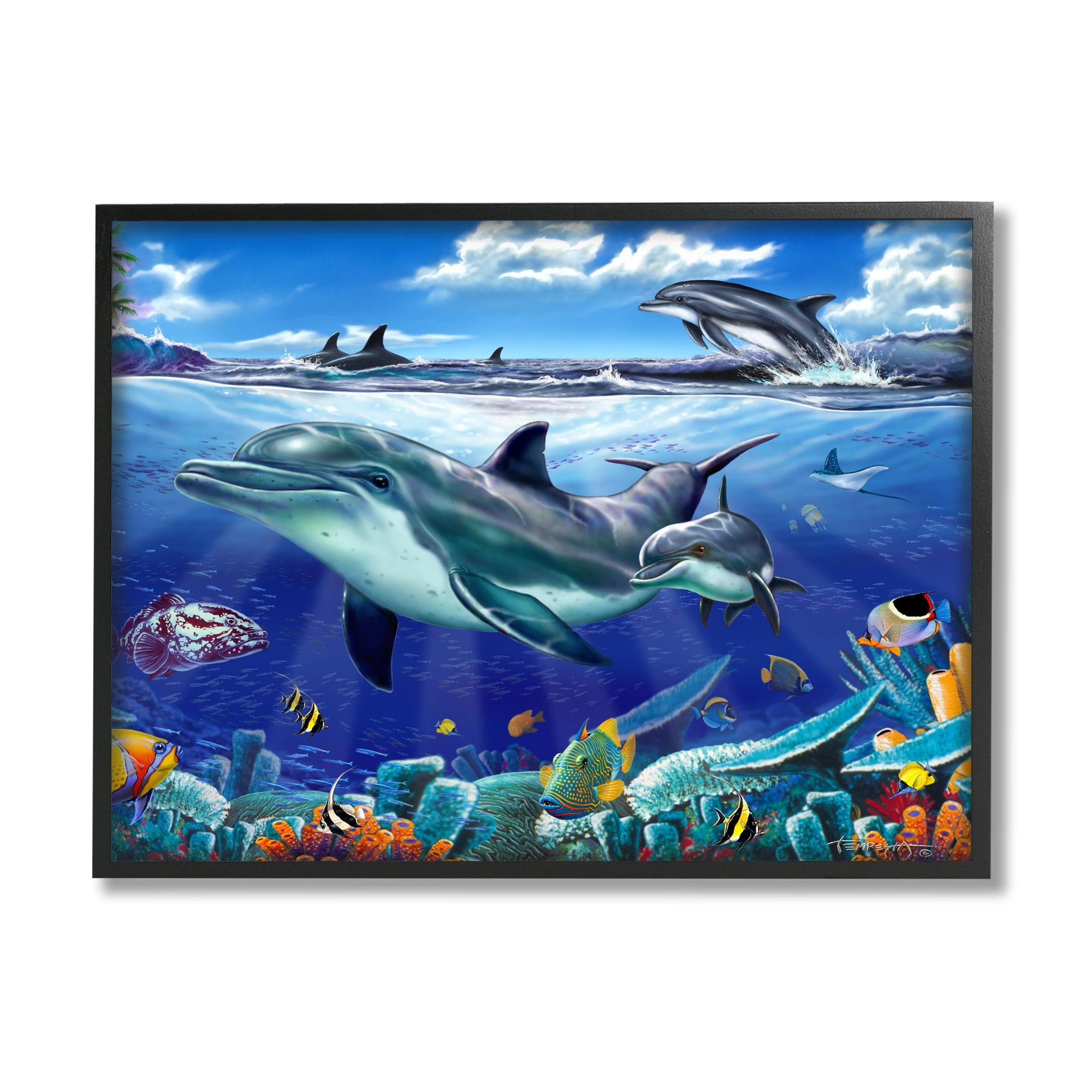 Stupell Industries Dolphins Swimming Bold Coral Reef Coastal Painting White Framed Art Print Wall Art