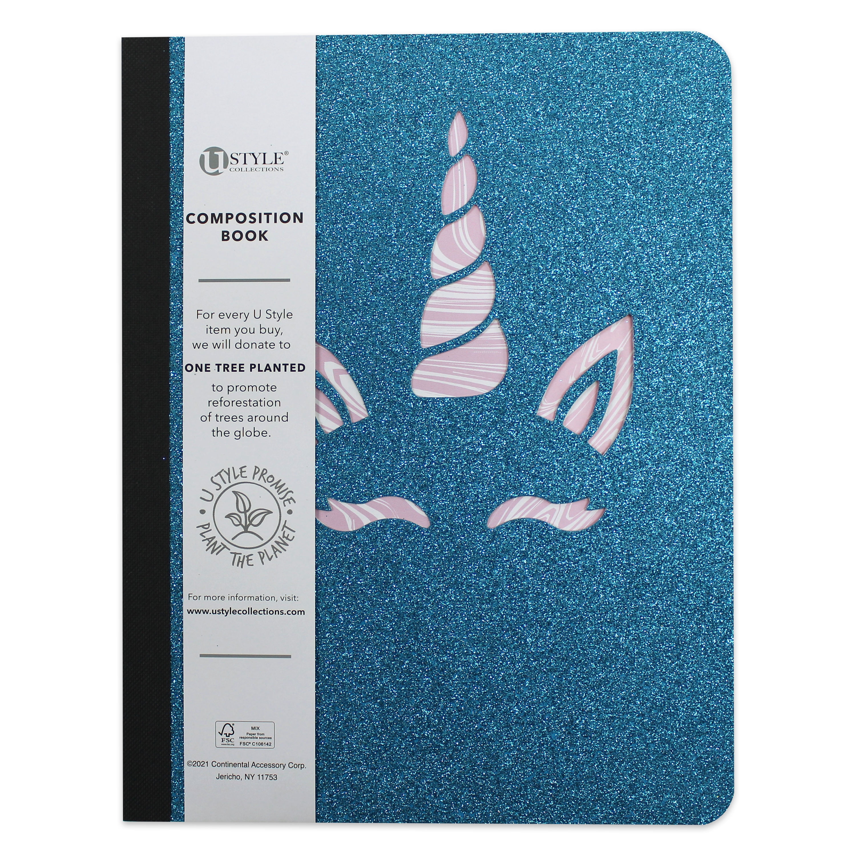 U Style Glitterally Composition Book, 100 Sheets, Wide Rule, Blue Unicorn
