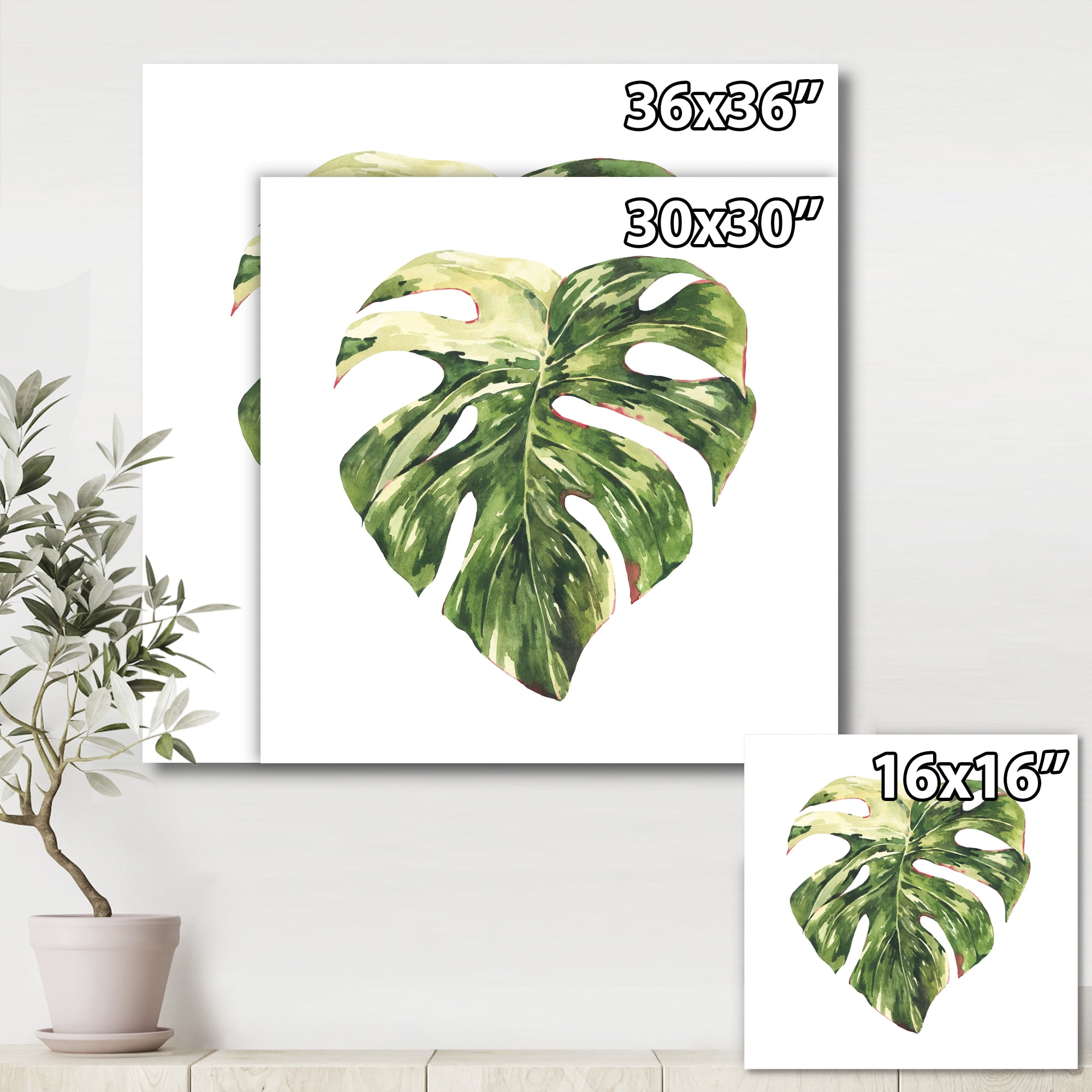 Tropical Green Leaves On White In Summer Times III 30 in x 30 in Painting Canvas Art Print, by Designart