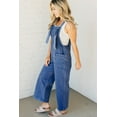 thumbnail image 3 of Women's Prussian Blue Mineral Wash Wide Leg Denim Overalls with Knotted Straps and Patched Pockets | [ZhiHiMeRi] | (US 16-18)XL, 3 of 6