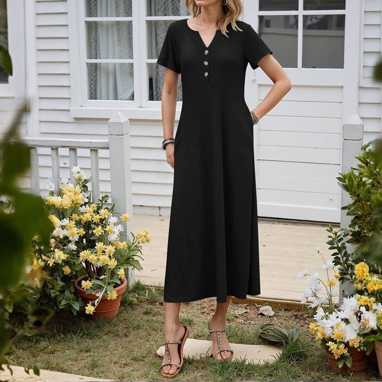 Busydd Spring Dresses for Women 2025 Solid Color V Neck Summer Dress Casual Loose Maxi Dresses Short Sleeve Button Sundress with Pockets - Walmart.com Busydd Spring Dresses for Women 2025 Solid Color V Neck Summer Dress Casual Loose Maxi Dresses Short Sleeve Button Sundress with Pockets - Walmart.com