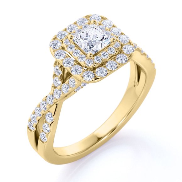 Elegante Anillo de Compromiso de Oro Amarillo de 10 K con Banda Retorcida, Doble Halo y Diamante de Talla Cuadrada de 0,50 Quilates