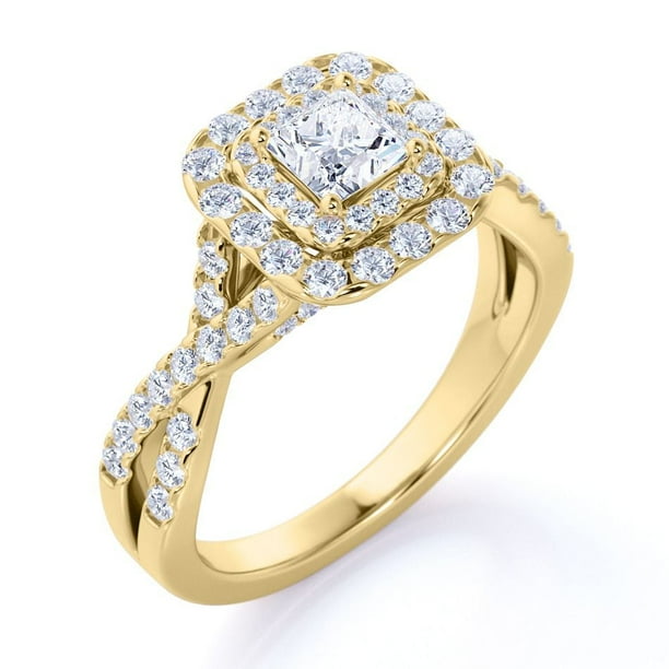JeenMata Anillo de Compromiso Elegante de Oro Amarillo de 10 K con Banda Retorcida, Doble Halo y Diamante de Talla Cuadrada de 0,50 Quilates