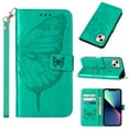 thumbnail image 1 of SaniMore Case for iPhone 14 (6.1" 2022), PU Leather Skin with Luxury Embossed Butterfly [Wrist Strap & Card Slots & Flip Kickstand] Full-body Shockproof Business Wallet Cover for iPhone 14, Green, 1 of 9