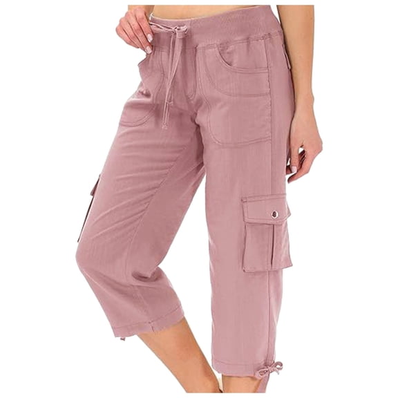 vigerkar Womens Capris with Pockets Loose Fit Casual Capri Pants Dressy Lightweight Ladies Baggy Cargo Pants for Hiking (Pink, XXL)