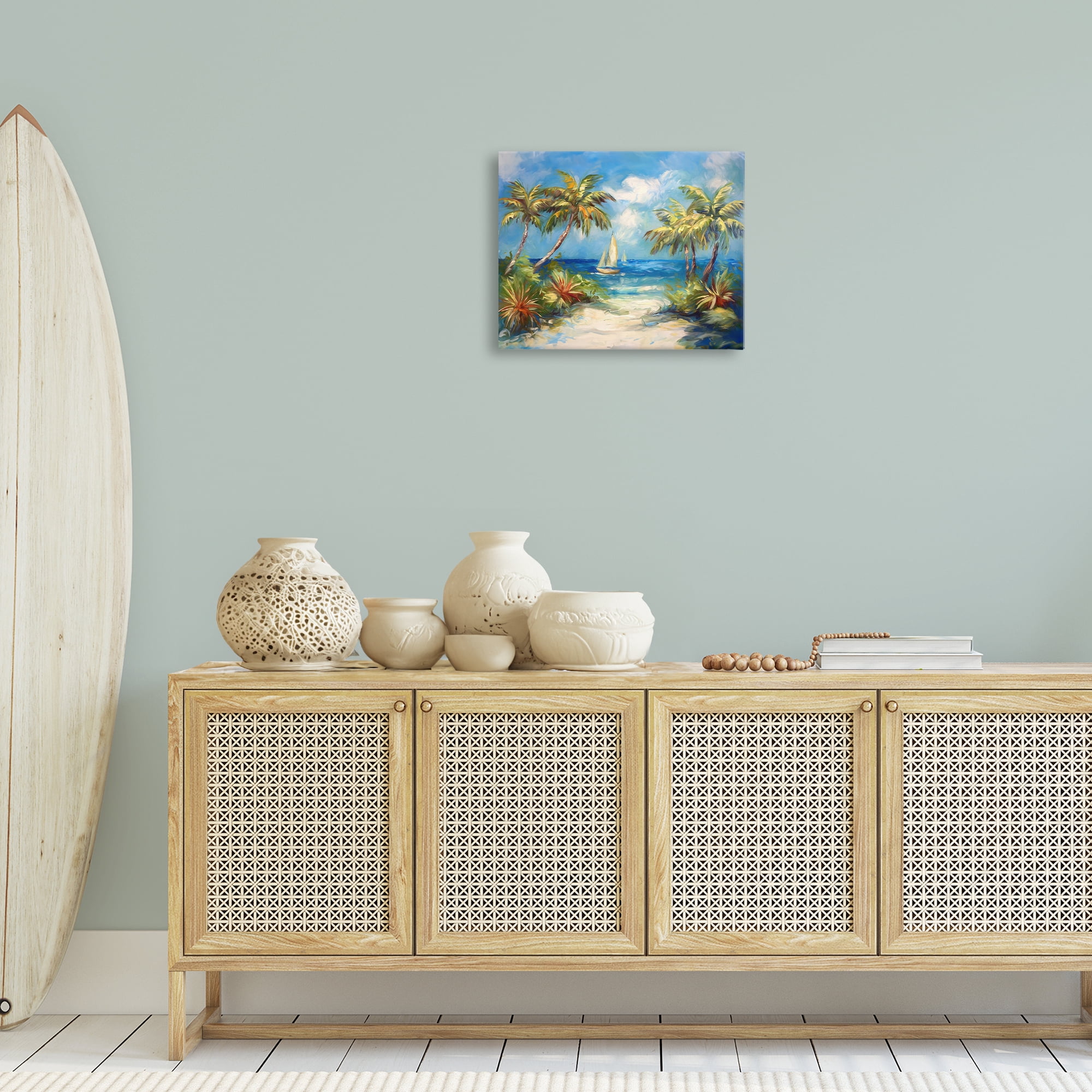 Stupell Industries Tropical Paradise Harbor Coastal Painting Gallery Wrapped Canvas Art Print Wall Art, 20 x 16