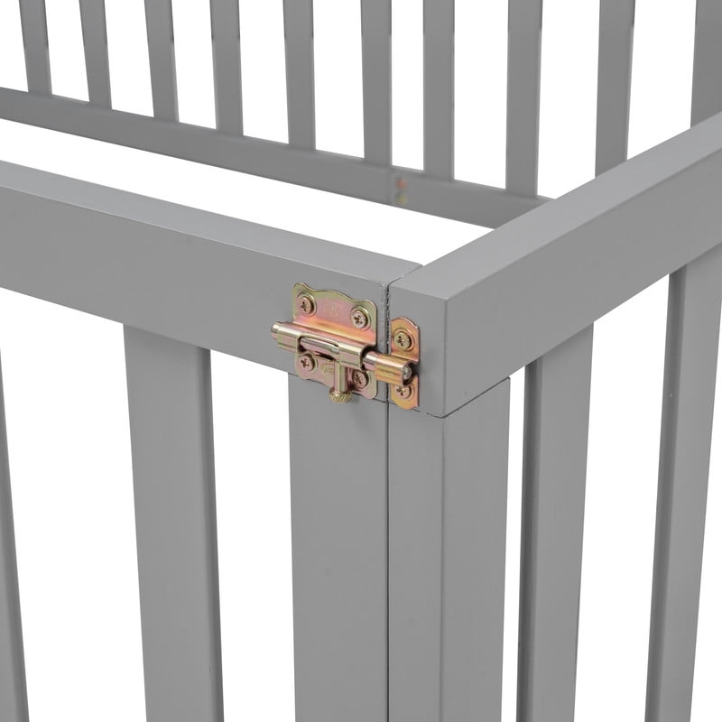 Full Size Wood Floor Bed with Door & Fence, Montessori Bed Frame with Full Length Safety Guardrails, Wood Full Bed with Slats, -No Box Spring NeededGray