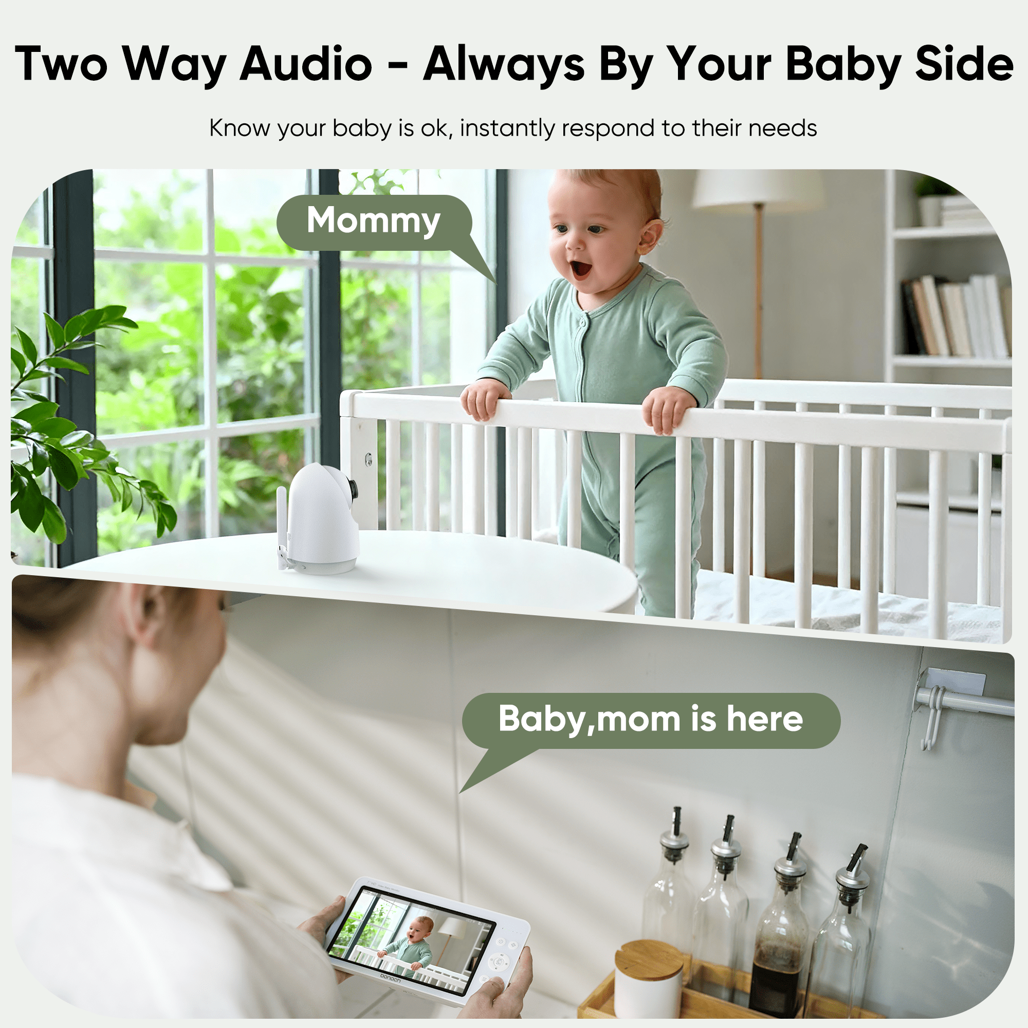 Bonoch 7" 720P HD Baby Monitor with Camera and Audio, Upgraded MegaView, No WiFi, Hack Proof, 6000mAh Battery, Remote PTZ, VOX Mode, Night Vision, White Noise, Ideal Gift for New Parents