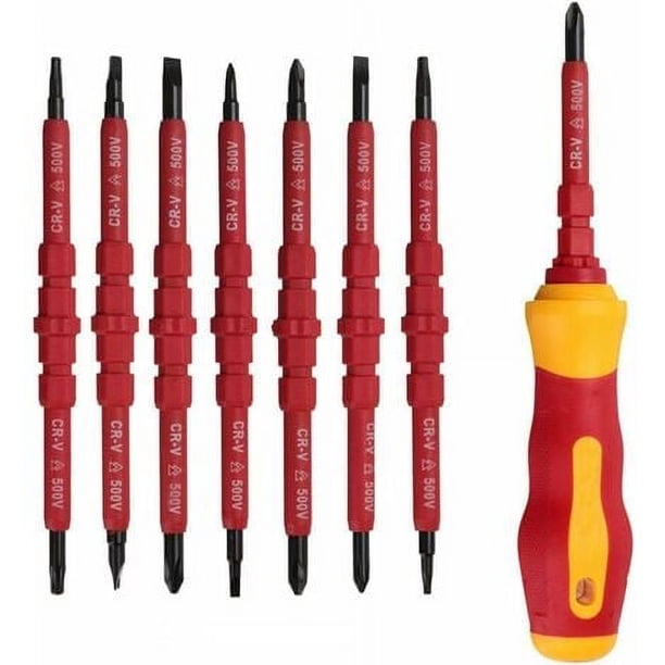 Juego de 7 destornilladores aislados para electricista de 500 V con destornillador probador, destornillador aislado con mango, destornillador aislado magnético intercambiable, kit de