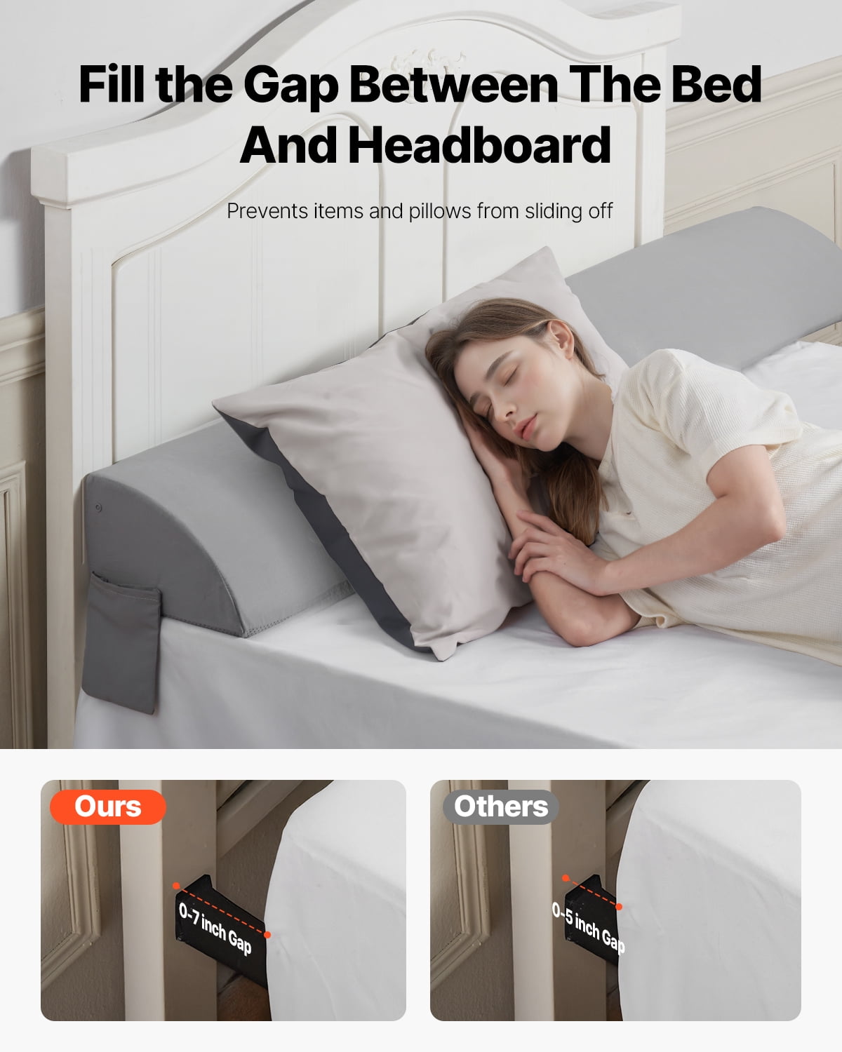 VEVOR Bed Wedge Pillow for Headboard, King Size,72"x10"x6" Bed Gap Filler, Fill 0-7" Gap Between Headboard and Mattress,25D Foam Mattress Wedge Headboard Pillow with Side Pocket,for Backrest,Gray