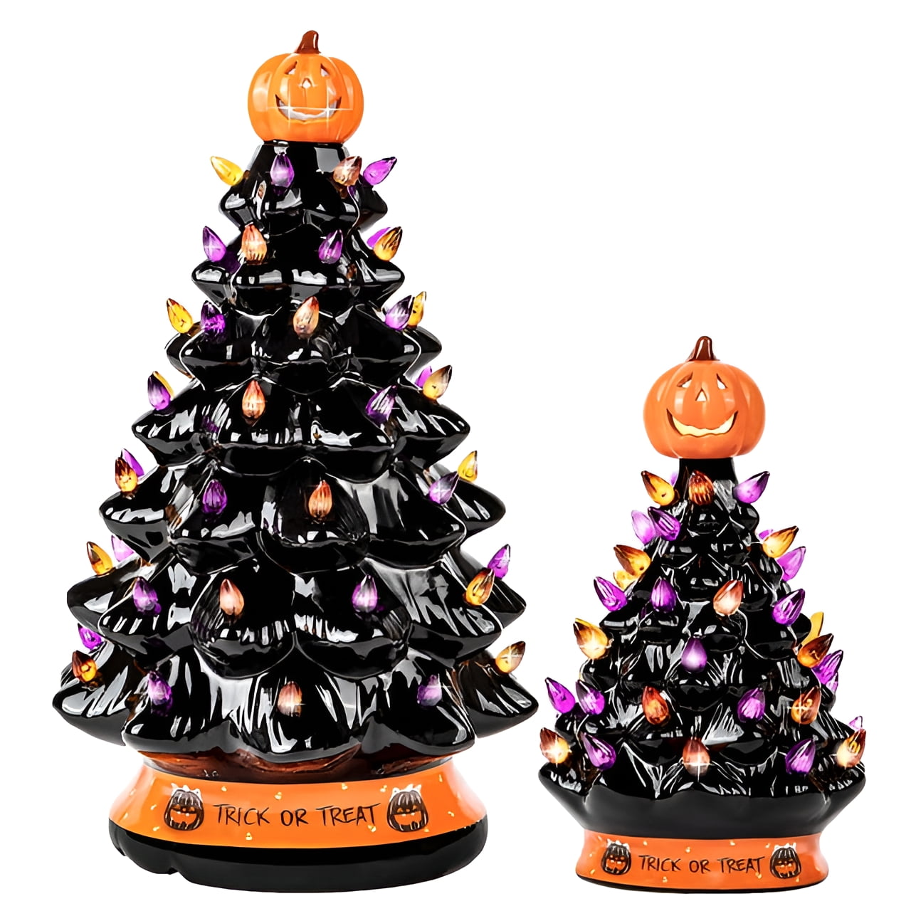 RJ Legend Ceramic Tree, 15" Halloween Handcraft Cordless with Pumpkin Head, LED Light Bulbs, - Black