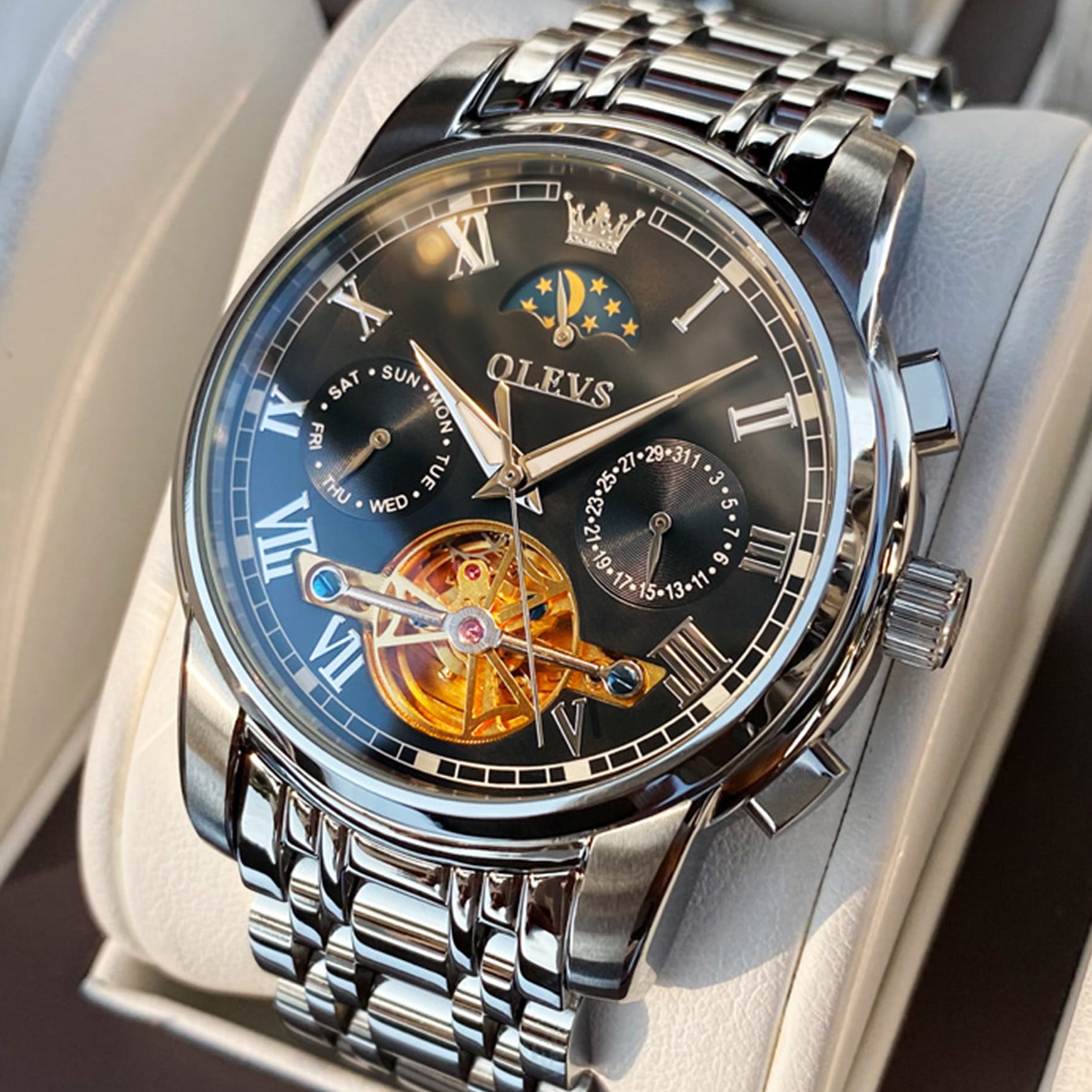 OLEVS Automatic Watches for Mens Skeleton Mechanical Self Winding Luxury Dress Mens Stainless Steel Watches Moon Phase Waterproof Luminous Reloj Para Hombre, Gifts for Men, Male 6617D