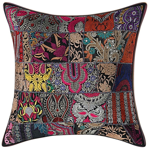 Stylo Culture Ethnic Boho Cotton Black Large Throw Pillow Covers 24x24 Patchwork Vintage Decorative Throw Pillow Cases Abstract Floral 60x60 cm Cushion Covers (1 Pc)
