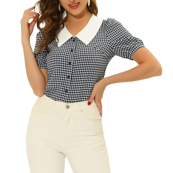 CAMISA DE MUJER CON PUFF SLEEVE Y COLLAR EN CONTRASTE DE CUADROS INSPIRADA CHIC M AZUL MARINO