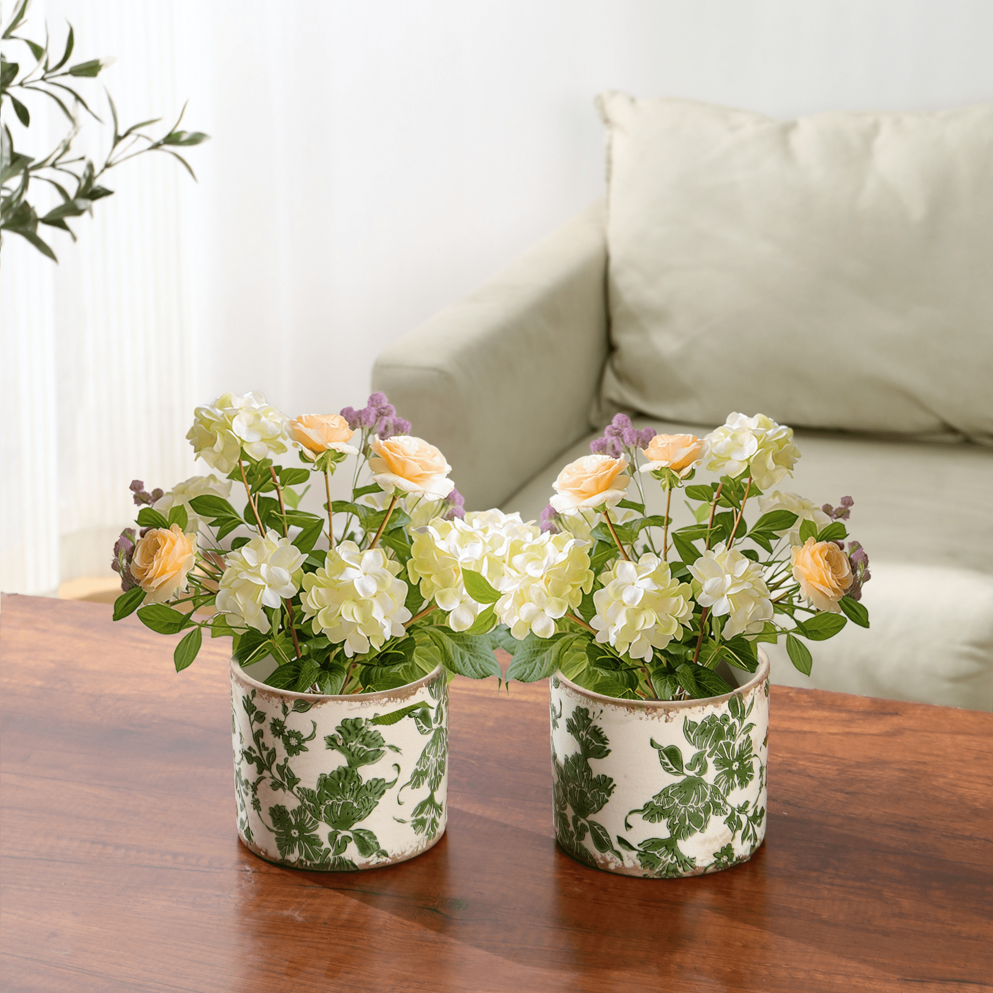 Vintage Ceramic Planter with Drainage Hole – Floral Pot & Plant Vase for Indoor Greenery, Tuscan Gardening Decor, Green Ceramic Planter for Christmas & Home Decor(2 Pcs)