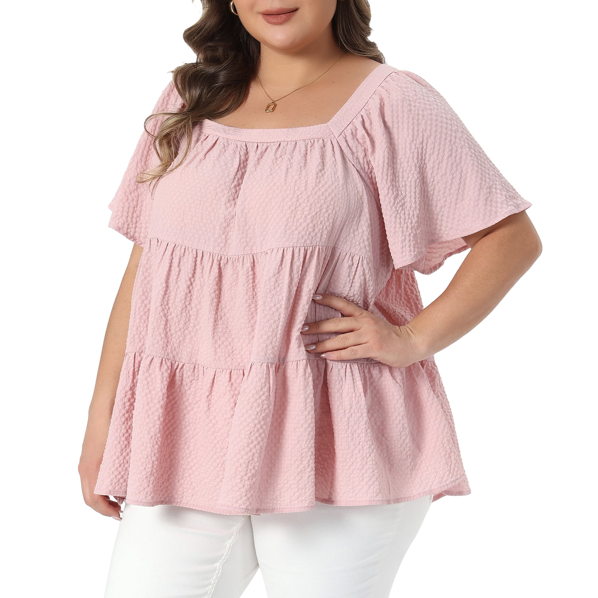 DARING DIVA Women's Plus Summer Square Neck Short Sleeve Tops 3X Pink