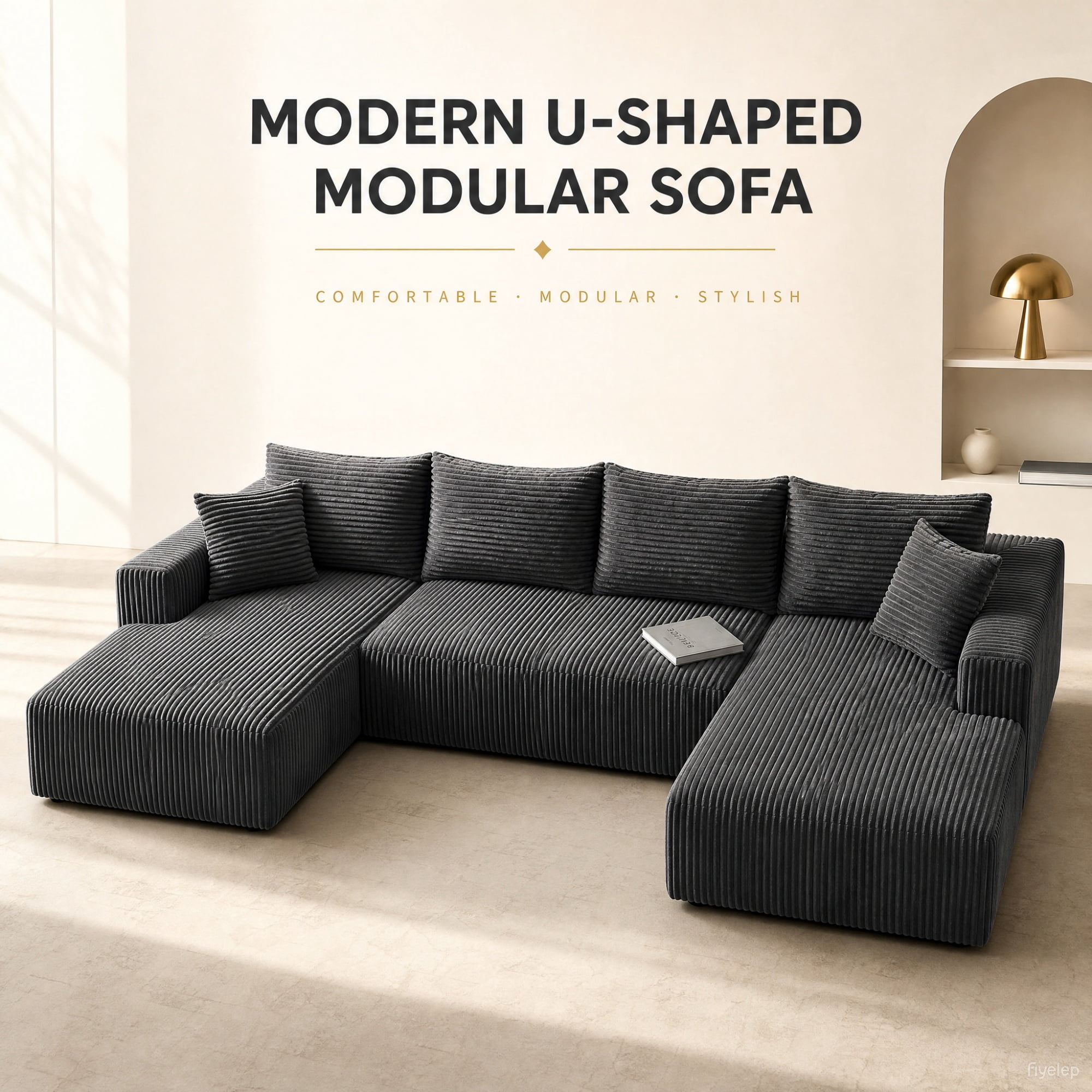 Garitin Modular Sectional Sofa 132 Inch U-Shaped, No Assembly Required Corduroy Couch with Double Chaise and Deep Seat for Living Room Apartment, Gray