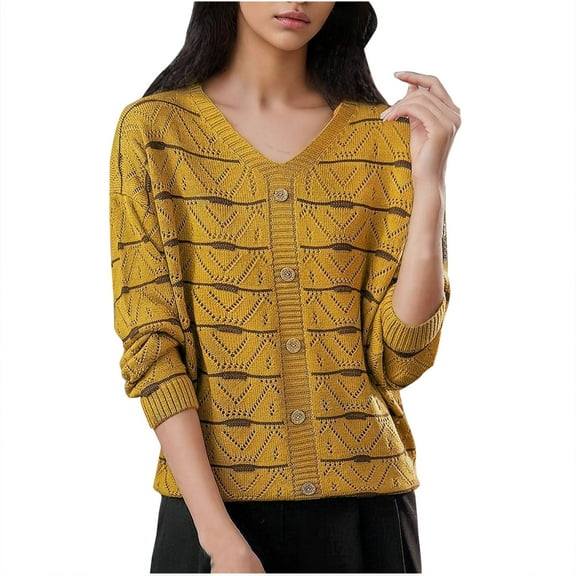 Kaemgyyd Sweaters for Women Lightweight Button down Crochet Knit Pullover Long Sleeve V Neck Soft Comfy Tops