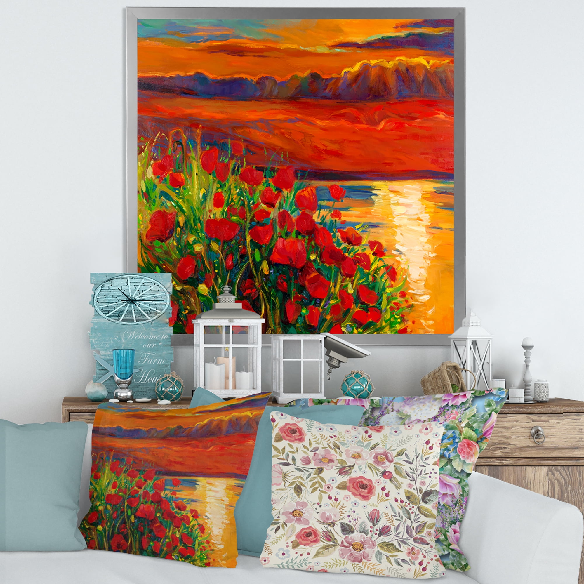 Designart 'Red Poppies By The Ocean During Evening Glow' Nautical & Coastal Framed Art Print