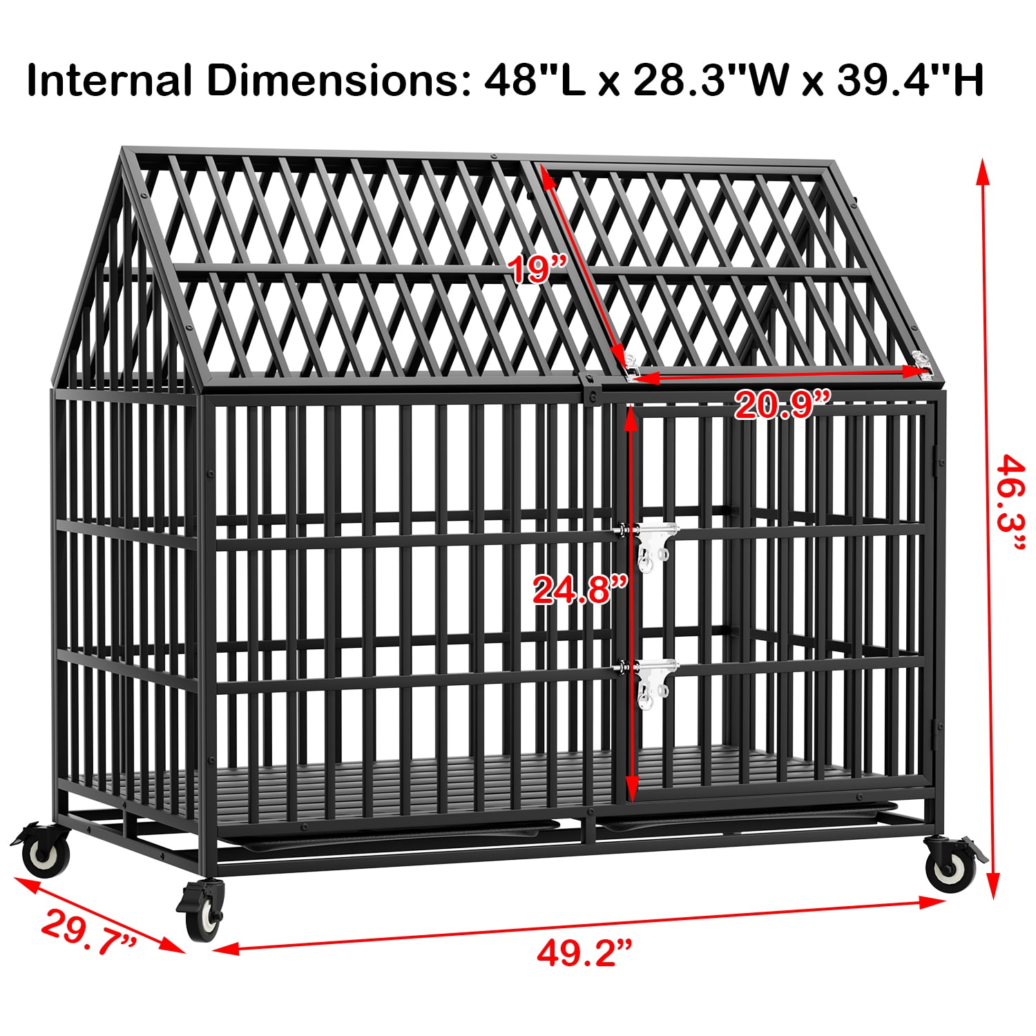 Ufyerutg 50'' Indestructible Heavy Duty Dog Crate, Escape Proof Strong Steel Impact Pet Cage for Large Giant Dogs, High Anxiety Sound Proof Chewproof Kennel Double Door with Trays and Wheels