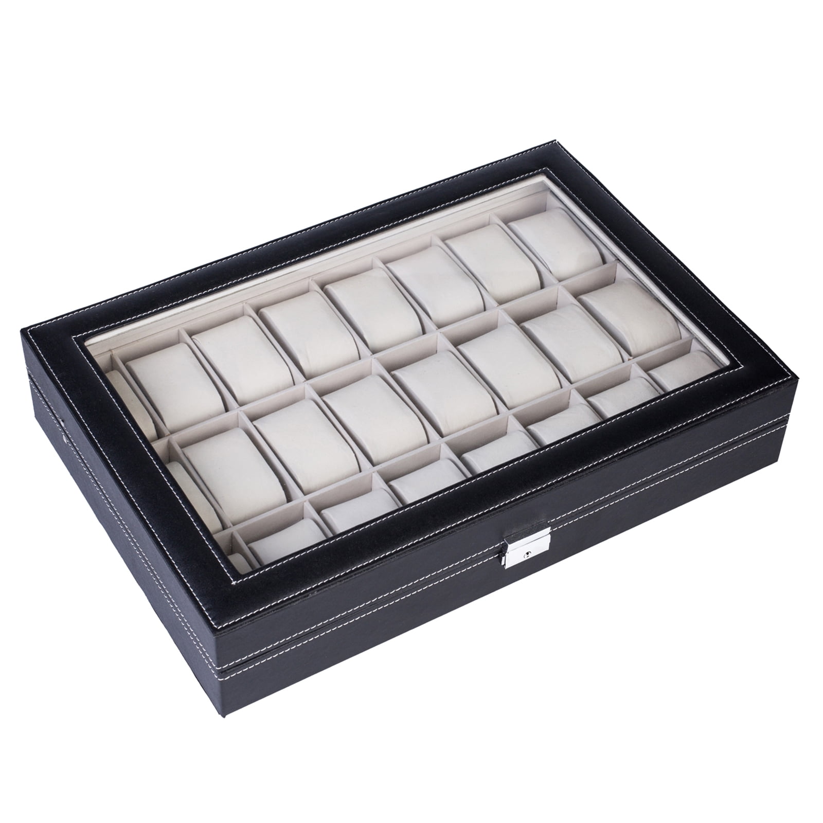 Leather Watch Collection Box 24 Compartments Top-level Opening Style, Black