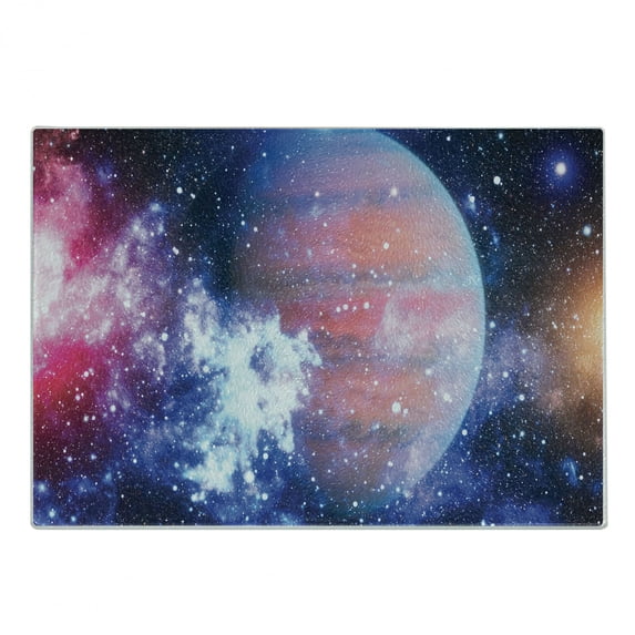 Astral Cutting Board, Abstract Outer Space Themed Illustration with Vivid Stars Nebula and Galactic Planet, Decorative Tempered Glass Cutting and Serving Board, in 3 Sizes, by Ambesonne