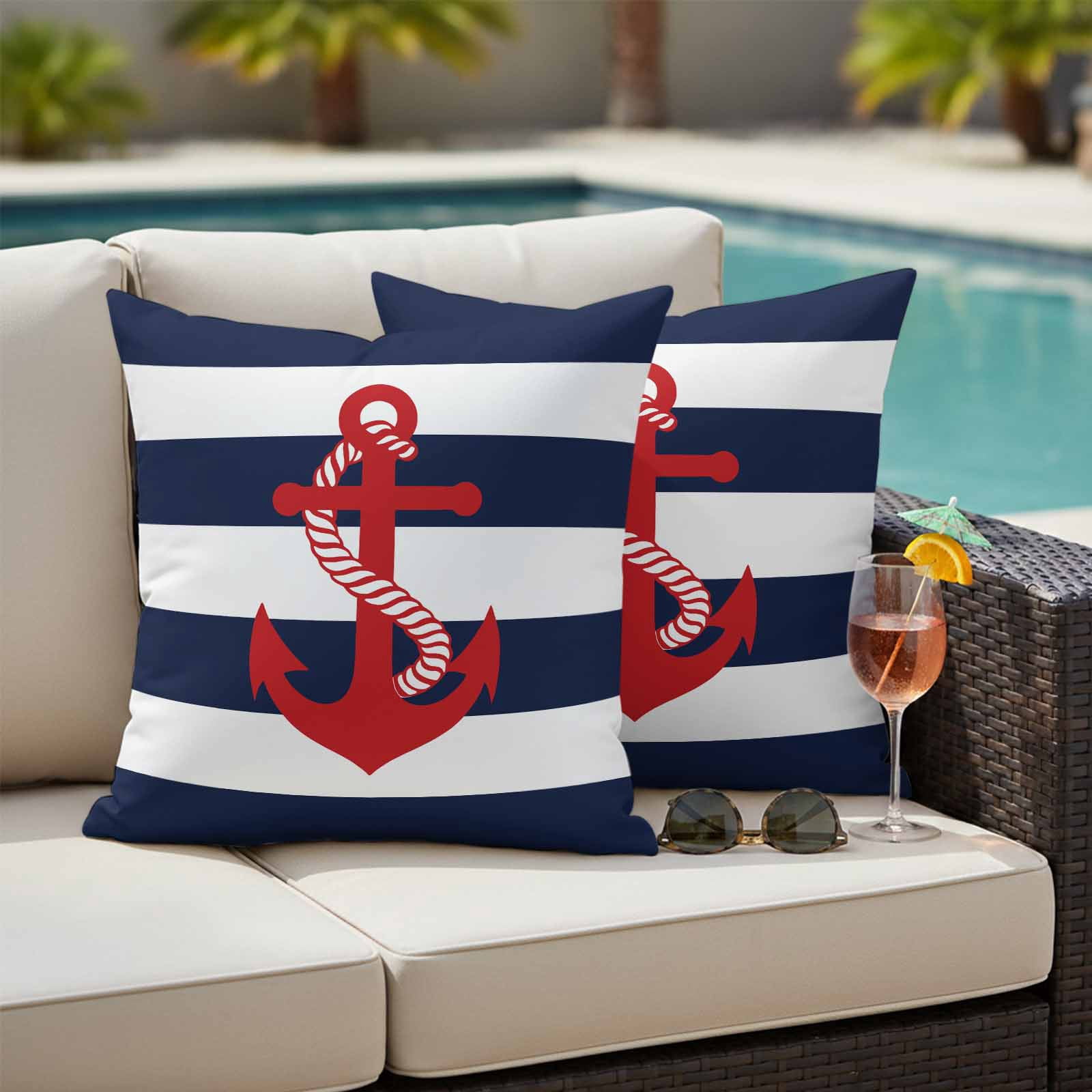 Outdoor Pillow Covers Pack of 2, Nautical Anchor Navy Blue Waterproof Throw Pillowcase Cushion Cases, Summer Ocean Coastal Style Decorative Pillow Cover for Couch Sofa Home Bed Patio