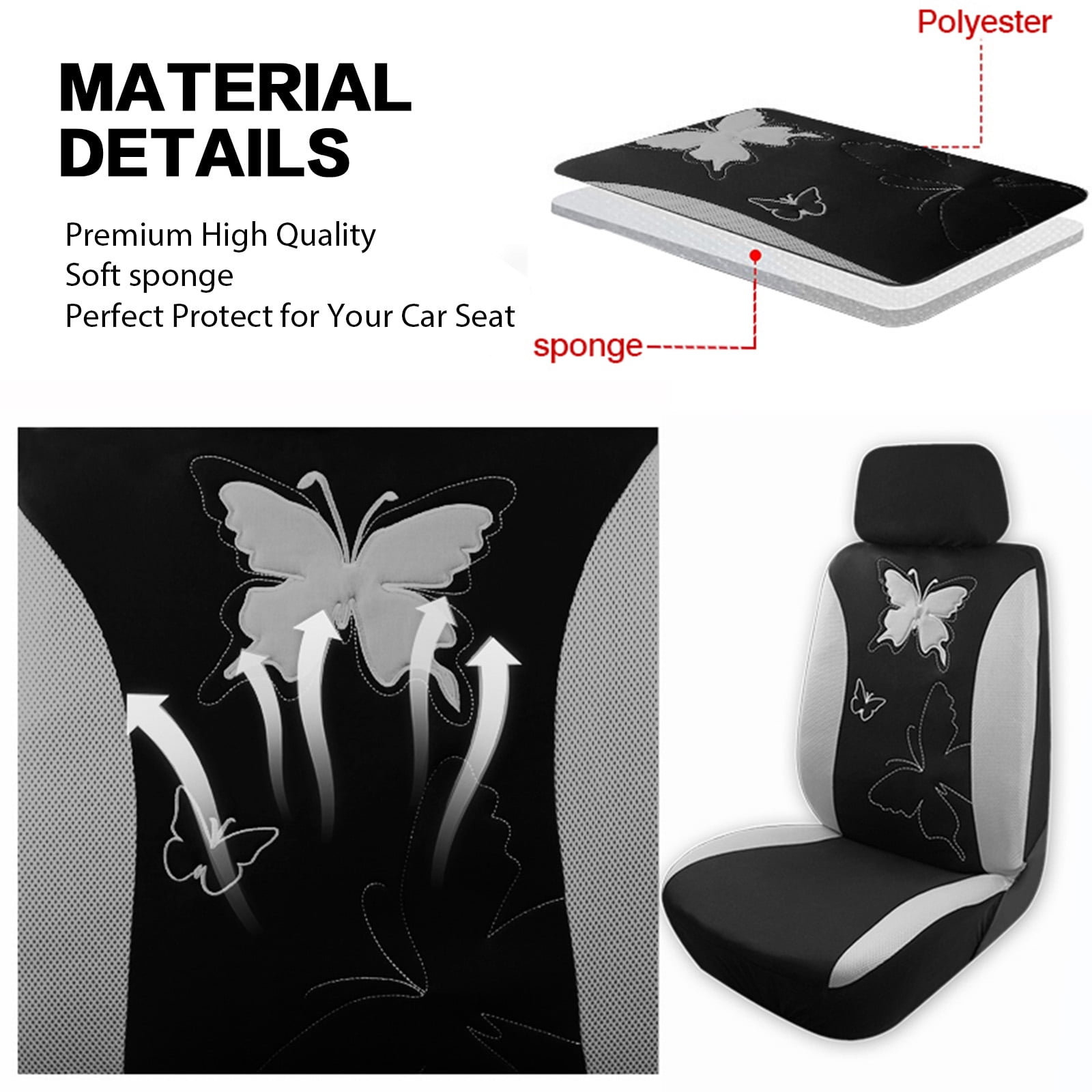 OTOEZ Butterfly Car Seat Cover, Breathable Cloth 5 Seats Full Set for Front & Rear Seat Protector, Universal fit Most Honda Toyota Chevy Ford Nissan Truck SUV, Gray