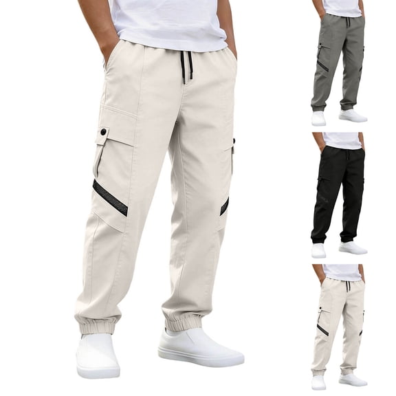 Pants Authentics Mens Relaxed Fit Stretch Cargo Pant Cargo Pants for Men Men's Solid Color Tight Waist Drawstring Casual Sports Multi Pocket Workwear Pants White S