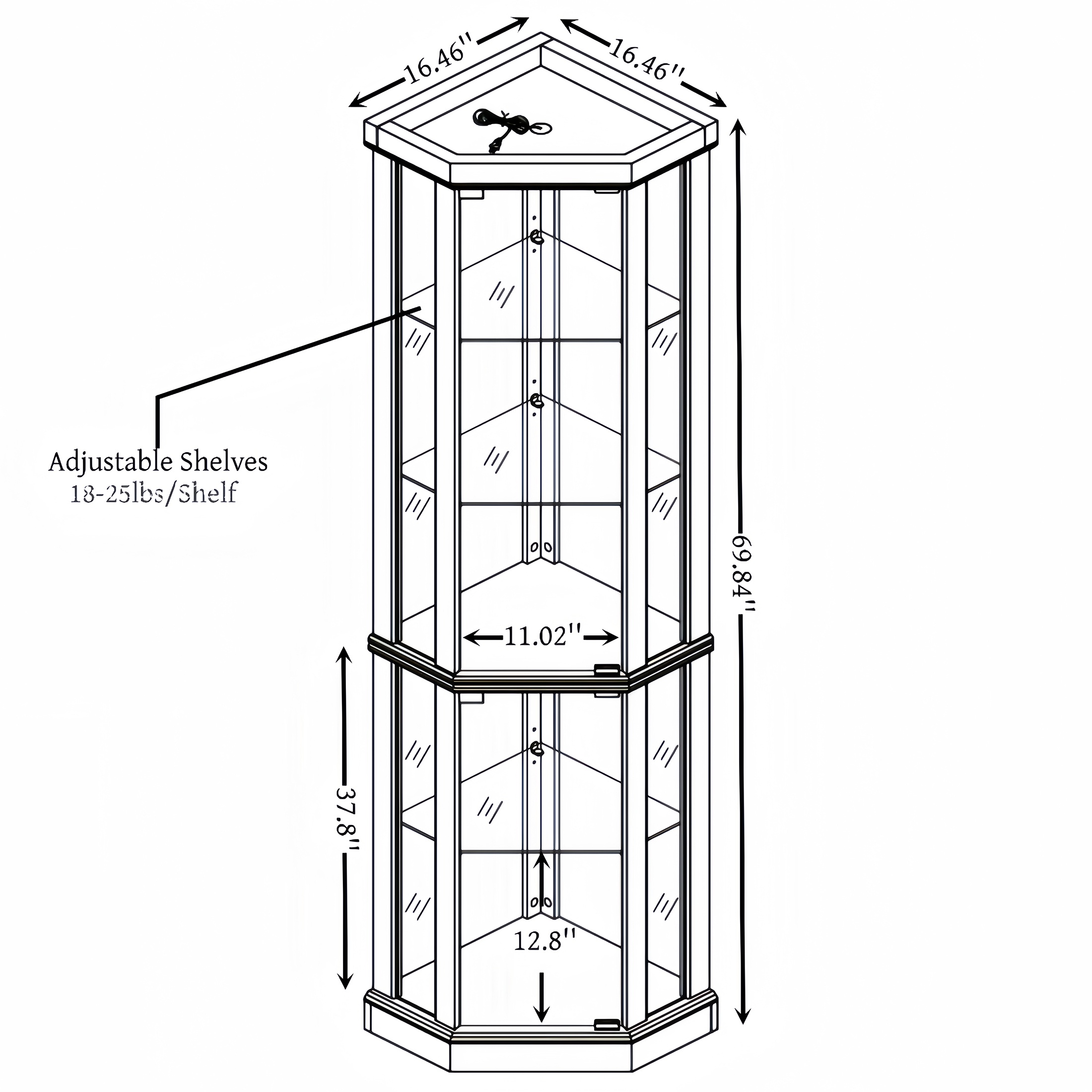 PORKISS Lighted 3-Side Glass Display Curio Cabinet with Tempered Glass Doors and Shelves, China Cabinet Wood Corner Cabinet with Bulb, Corner Curio Storage Rack for Bar, Liquor Storage, White
