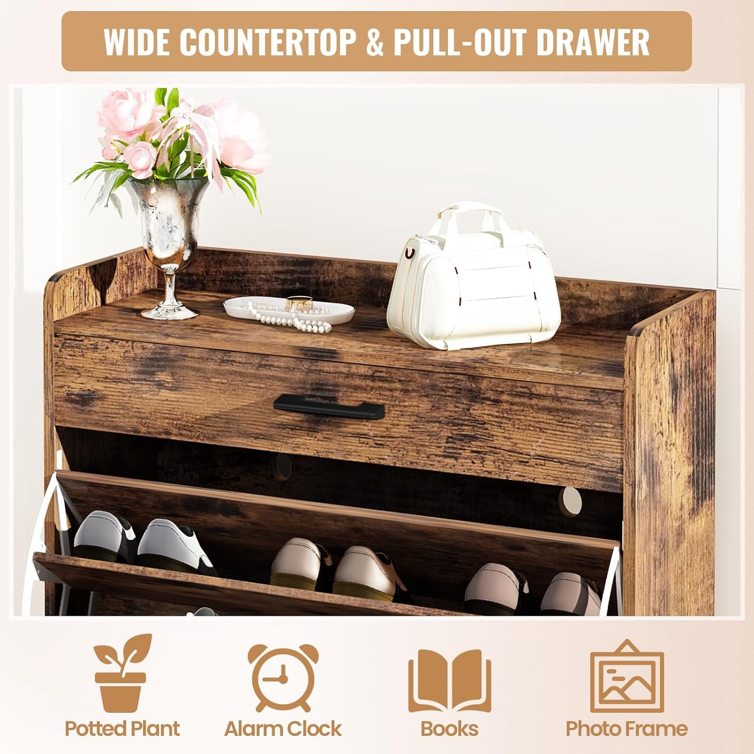 Baxluxe Shoe Cabinet with 2 Flip-Down Drawers & 4 Tiers 16 Pairs Wooden Shoe Rack for Entryway Freestanding Shoe Rack for Closet,Hallway, Closet, Dorm, Retro