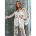 thumbnail image 6 of 2 Piece Lace Outfits for Women Floral Sheer Tie Frone Long Sleeve Crop Top and Pants Outfit White S, 6 of 8