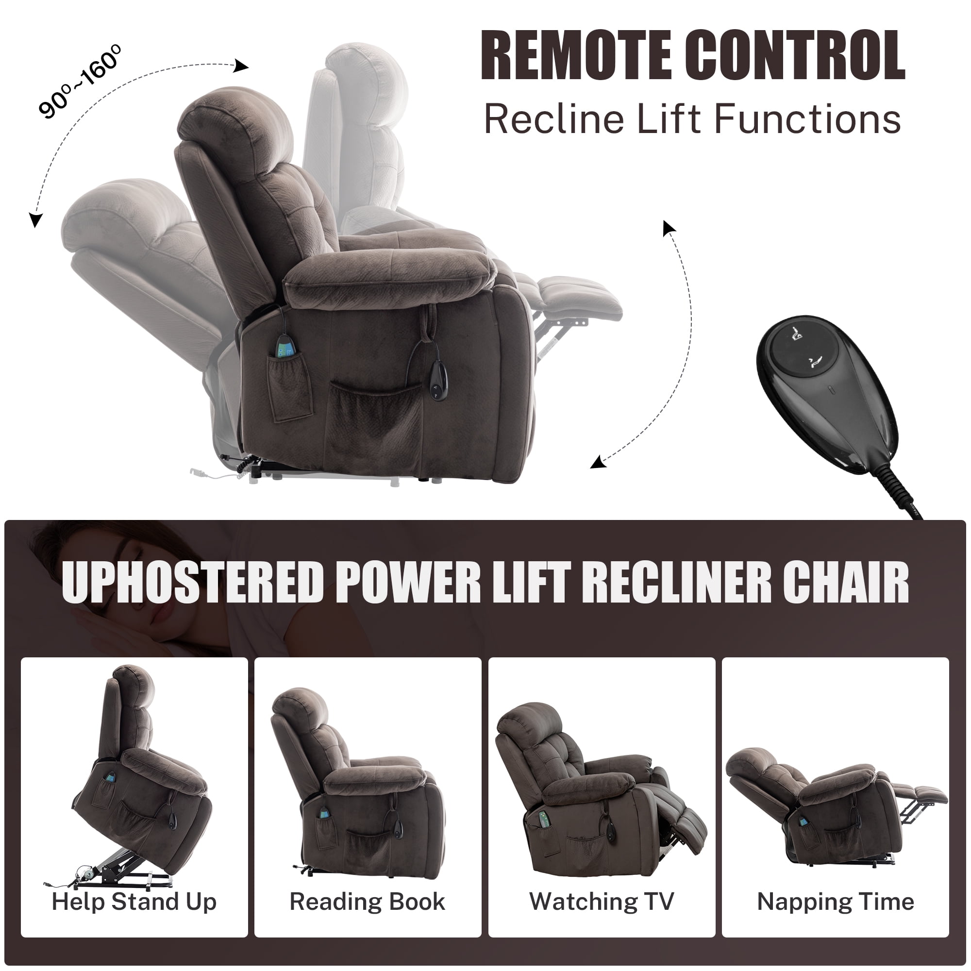 PAPROOS Oversized Electric Massage Lift Chair, Large Power Lift Recliner with Heat Therapy, Fabric Reclining Sofa with Remote, Hidden Cup Holder and Side Pocket for Elderly Seniors, Antique Brown