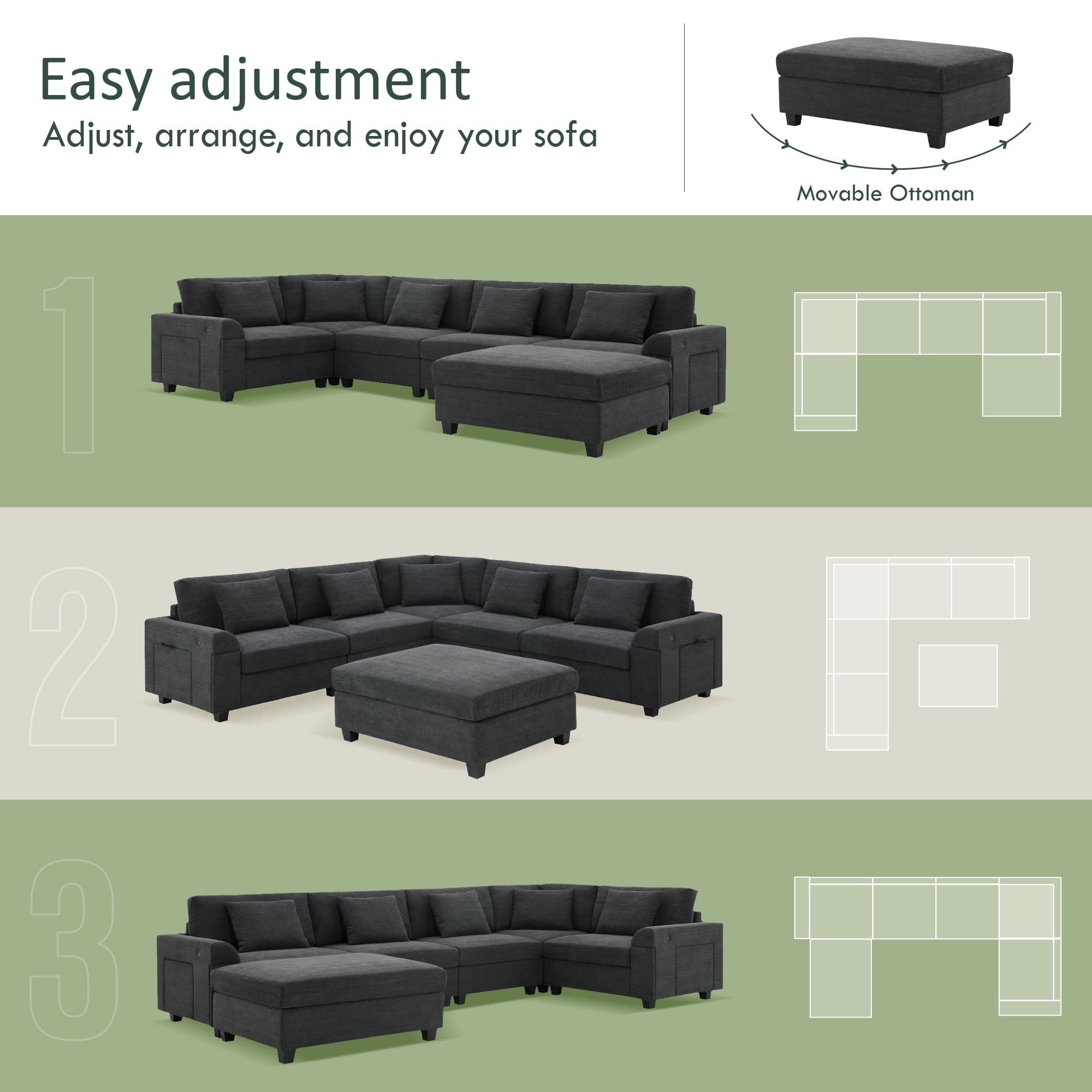 MAYEERTY 128x67" U-Shaped Sectional Sofa - 6-Seat Chenille Couch with Ottoman/Armrest Storage/Cup Holders/USB, Wide Seat for Living Room/Apartment, 2 Colors
