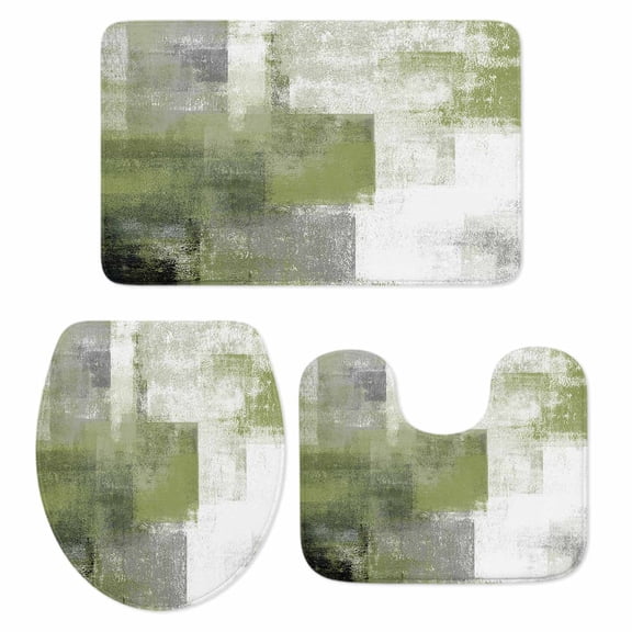 Sage Green Ombre Bath Mat 3 Piece Bathroom Rug Set, Vintage Shabby Abstract Plaid Art Non Slip Bath Rug Contour Mat and Toilet Lid Cover, Absorbent Shower Mats Soft Bath Rugs and Mats Sets