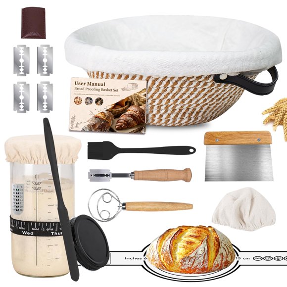 Kit de Démarrage pour Pain au Levain, Panier de Fermentation en Coton Banneton 10 Pouces Rond, Kit de Levain Fournitures de Cuisson avec Pot de Démarrage, Fouet à Pâte, Lame à Pain