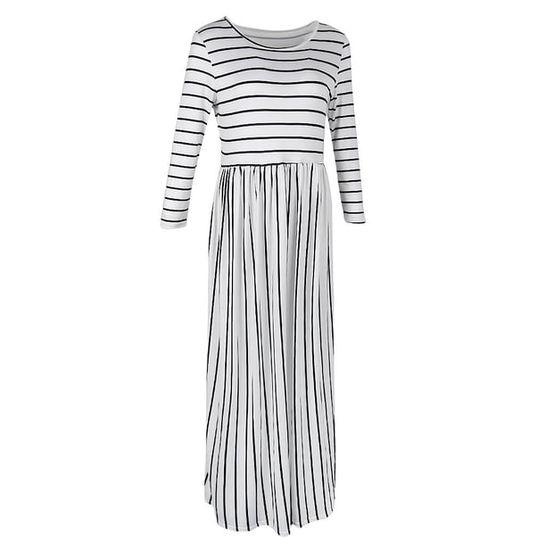 Vestido largo plisado a rayas bohemio con mangas 3/4 y bolsillos laterales, talla grande, para mujer, multicolor Blanco XL