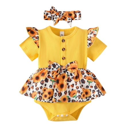 

Bagilaanoe Newborn Baby Girl Rompers Dress Sunflower Print Short Sleeve Bodysuit + Headband 3M 6M 9M 12M 18M 24M Infant Patchwork One Piece Jumpsuit