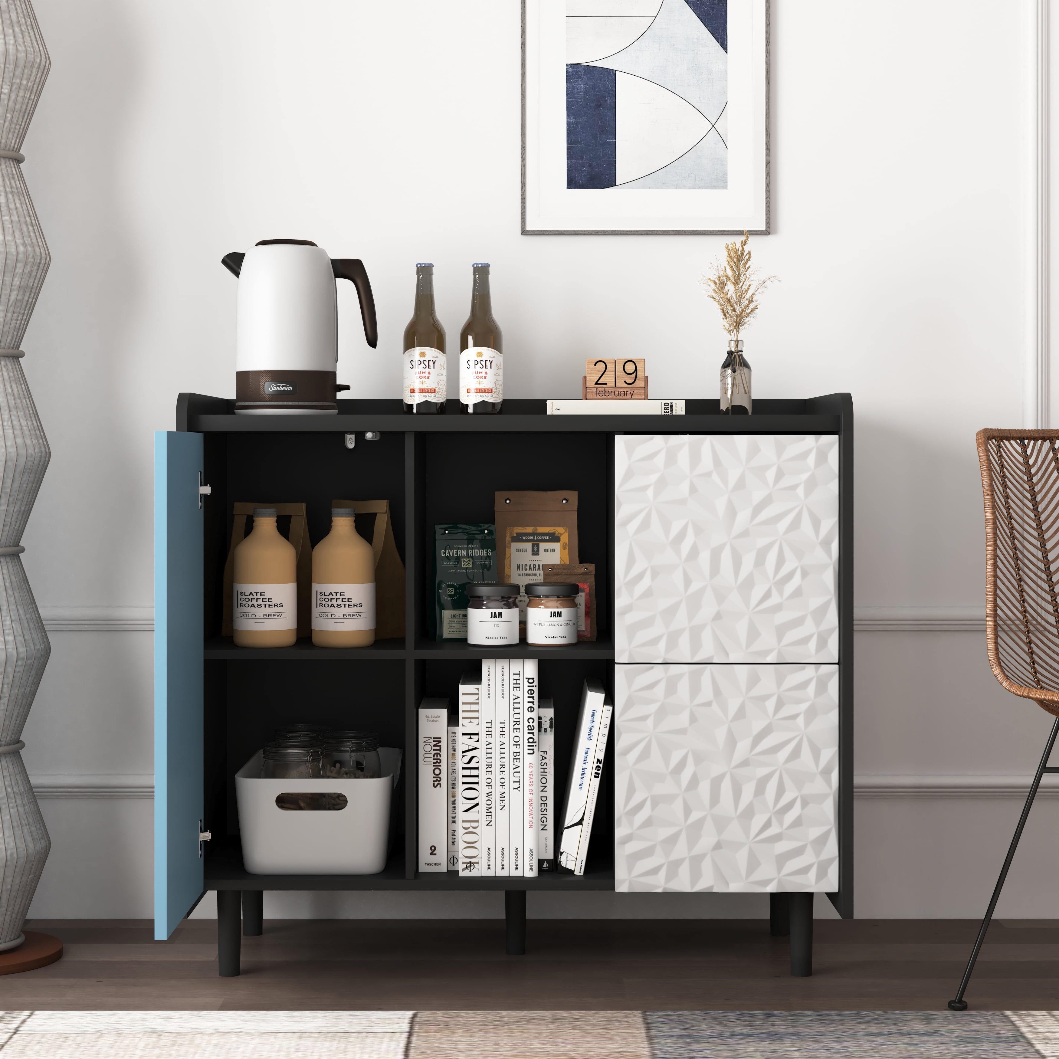 MAYEERTY Black Sideboard Buffet Cabinet with Red Doors, Drawers & Open Storage for Kitchen & Dining Room