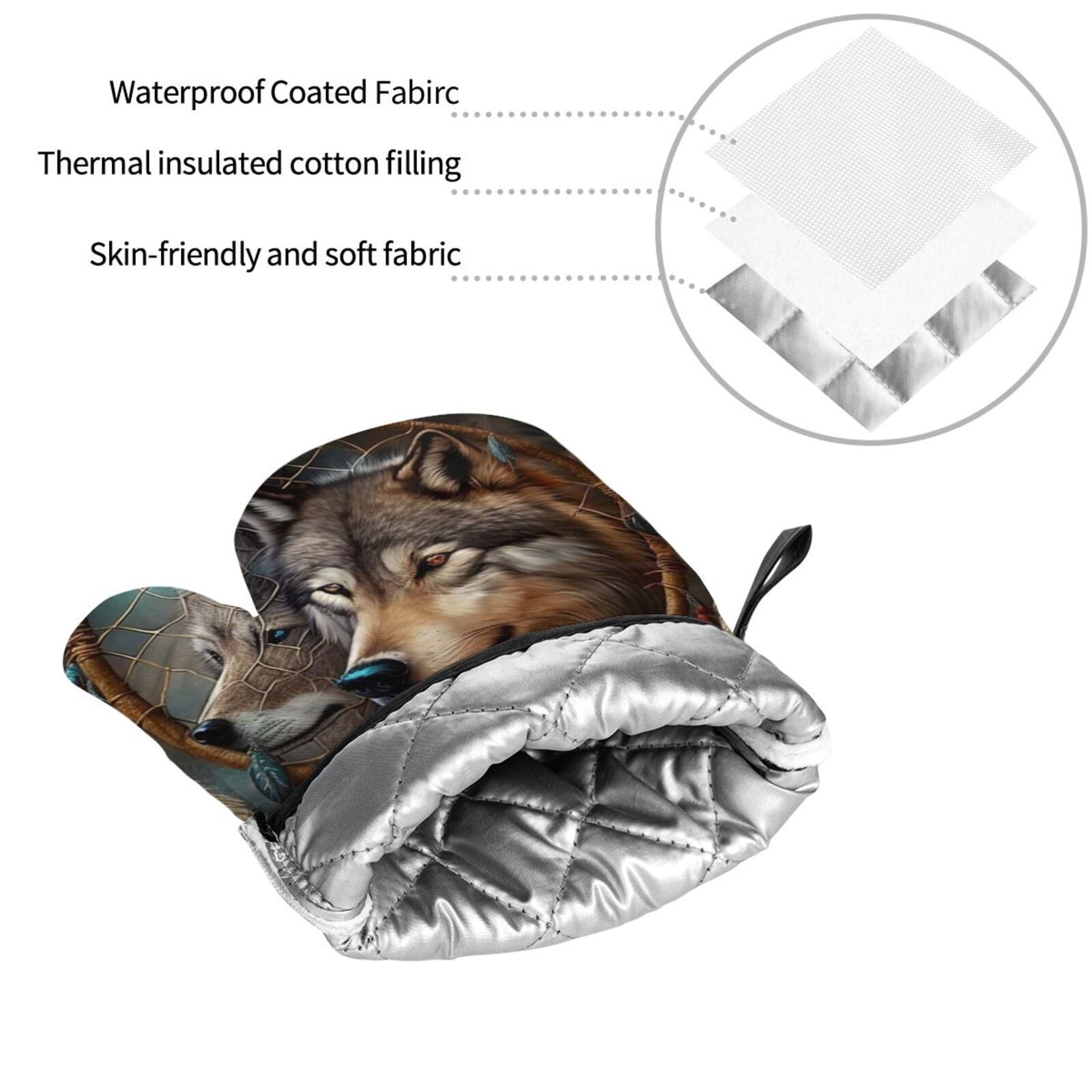Wolf Indian Dream Feather 4Pcs Oven Mitts and Pot Holders Sets Oven Kitchen Gloves Hot Pads for Cooking BBQ Baking Grilling