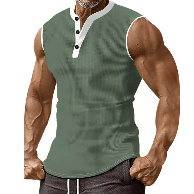 EOYWHK Waffle Knit Tank Tops for Men Soft Comfortable Raglan Shirts Compression Fit Summer Casual Crew Neck Button Up Top ,S-3XL