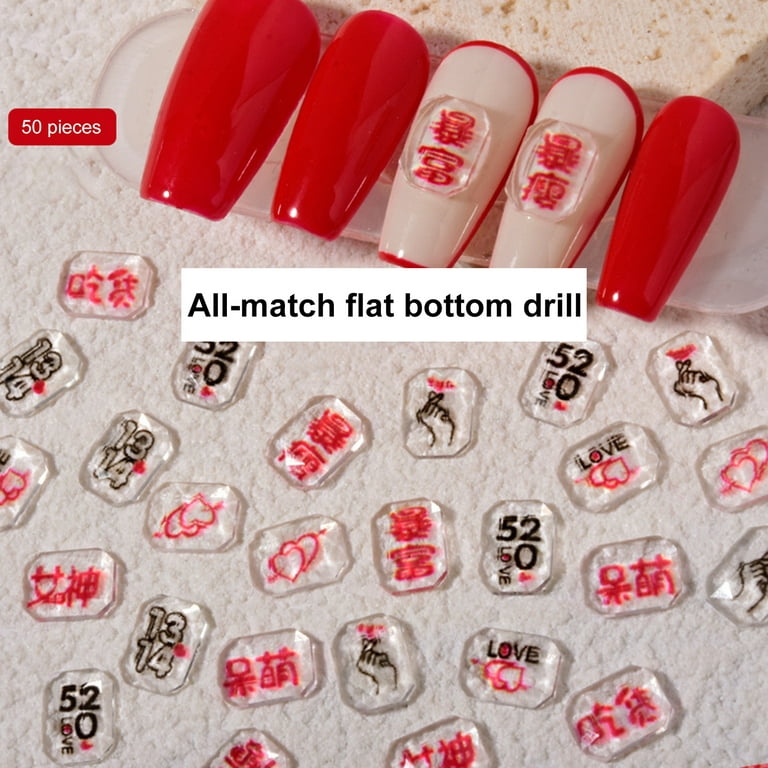 50Pcs/Pack Nail Resin Charms Chinese Character Pattern Creative DIY Crafts  Nail Art Decorations Jewelry for Women 