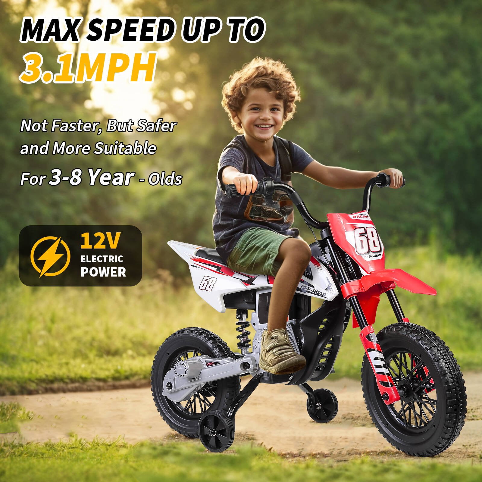 Tapoja 12V Kids Electric Dirt Bike w/ Twist Grip Throttle, Ride on Motorcycle w/ Training Wheels, Powered Ride on Toys for Boys Girls Ages 3-8, Spring Suspension, Dual Motors, Bluetooth, MP3