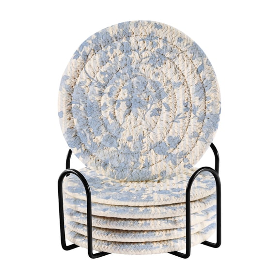 Haosy Set of 6 Drink Woven Coaster with Holder Heat Resistant Non-Slip Bar Coasters 4 Inches Blue White Stripes and Blue Flowers