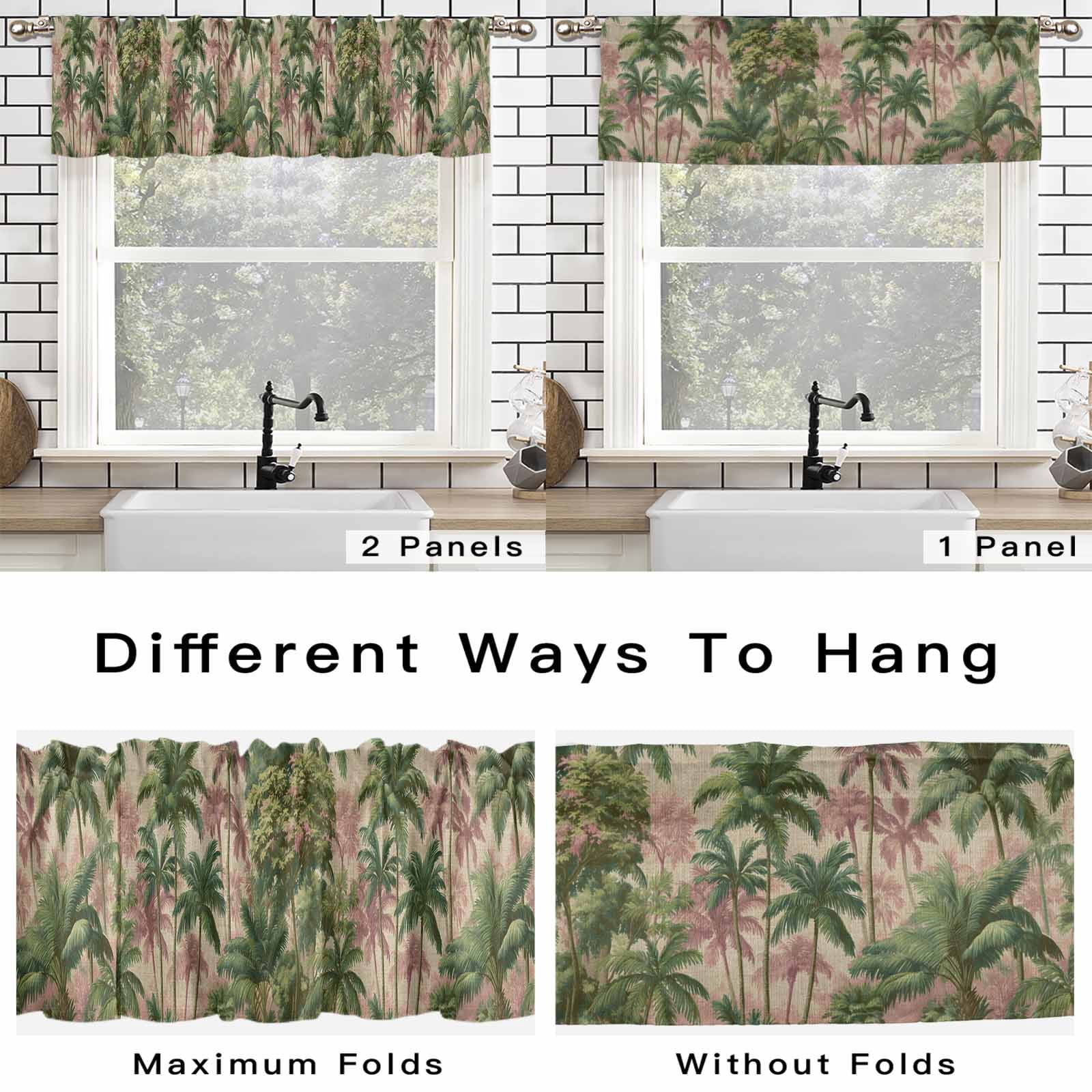 Summer Palm Tree Valances for Windows, 60x18in, Vintage Tropical Green Jungle Tree Leaf Linen Texture Rod Pocket Kitchen Valance Curtain Light Filtering Window Treatments for Living Room Bedroom