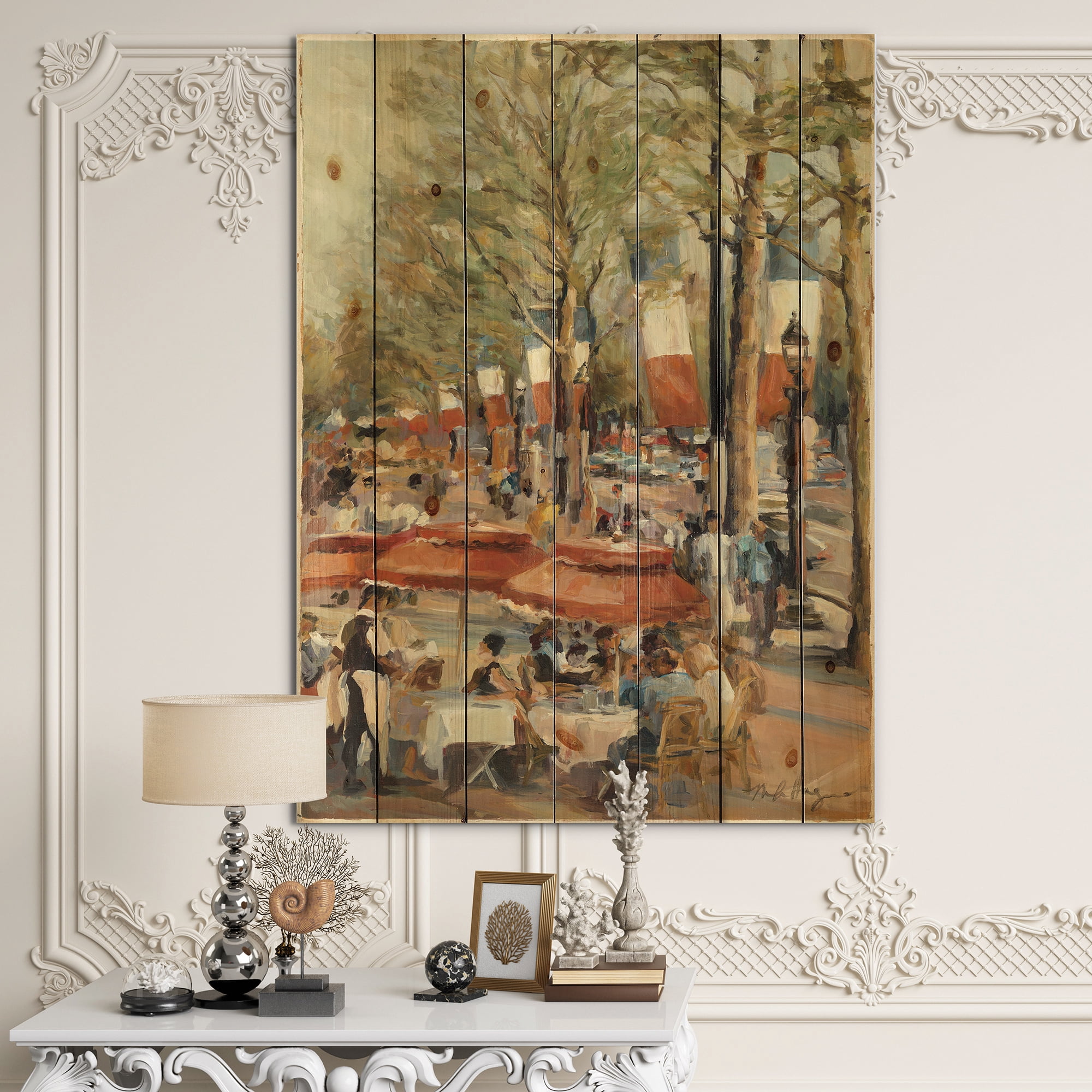 Designart 'Lunch on the Champs Elysees Paris' French Country Print on Natural Pine Wood